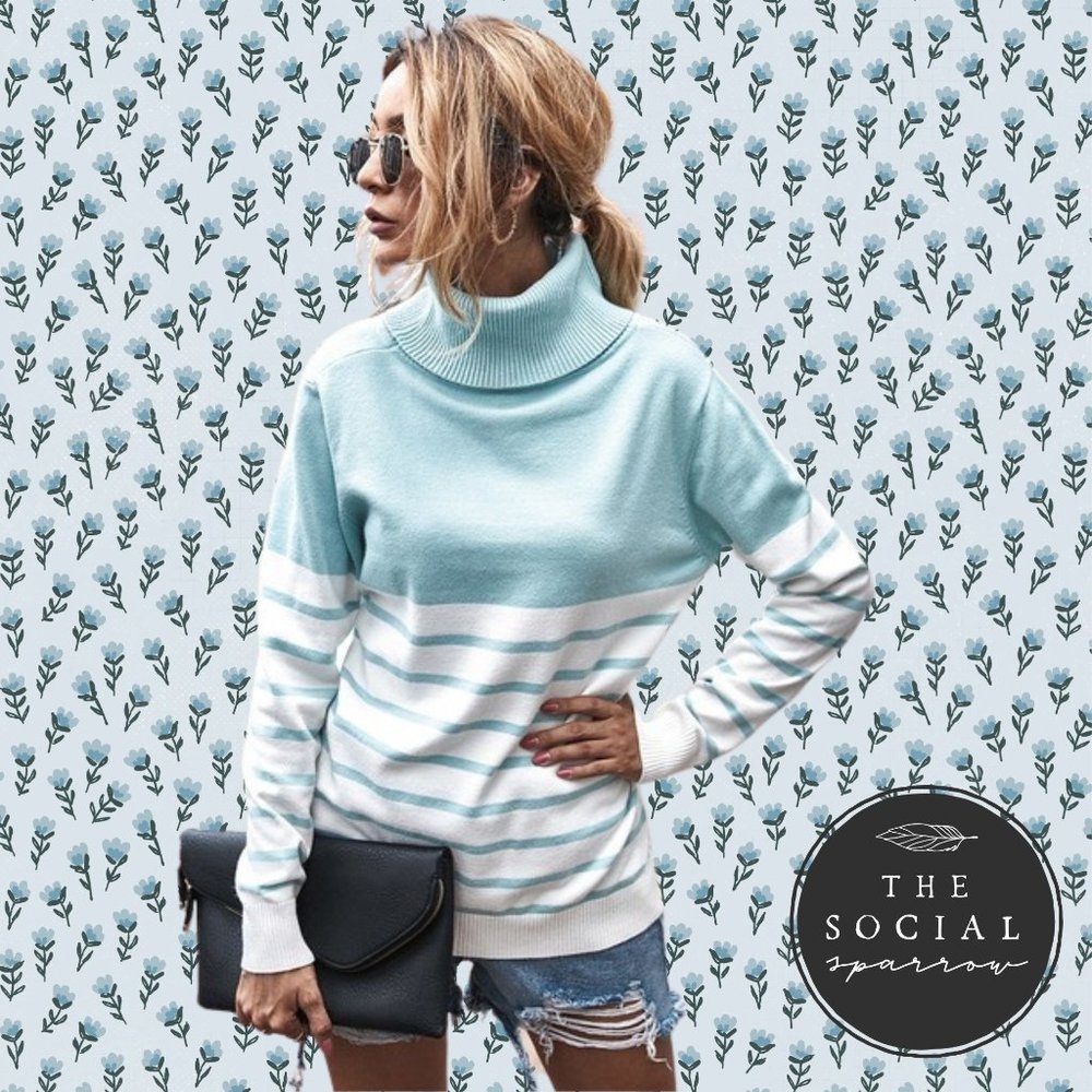 Blue Stripe Turtleneck Sweater